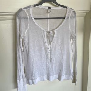 Free People White Linen Mesh Shirt with Tie Detail